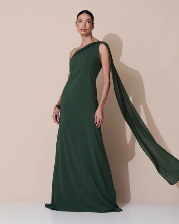 Vestido de Festa Longo Crepe Chiffon Um Ombro Só Drapeado Verde Escuro New