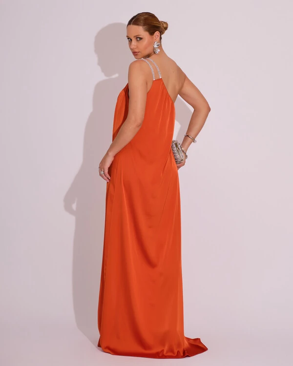 Vestido de Festa Longo Cetim Um Ombro Só Laranja