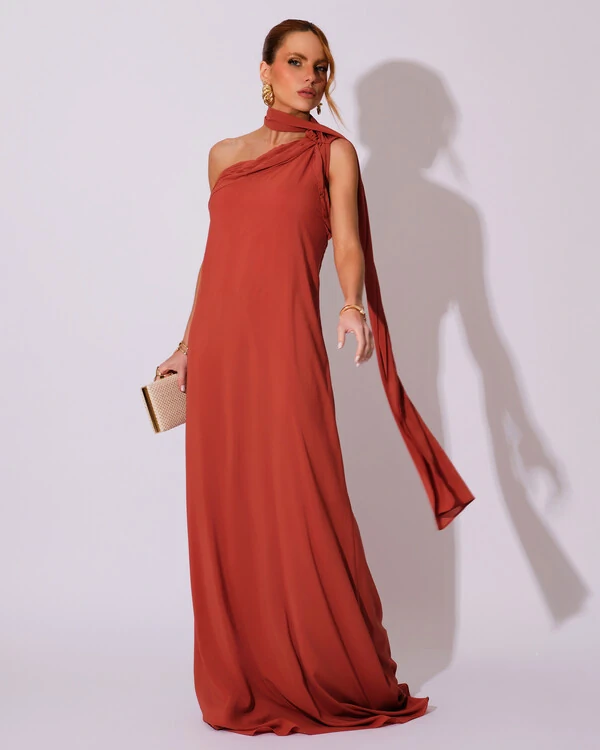 Vestido de Festa Longo Crepe Chiffon Um Ombro Só Drapeado Terracota