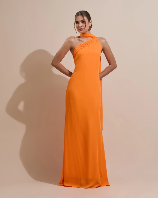 Vestido de Festa Longo Crepe Chiffon Um Ombro Só Drapeado Laranja