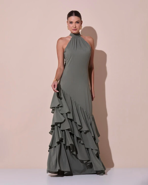 Vestido de Festa Longo Chiffon Crepe Gola Alta Babados Verde Oliva