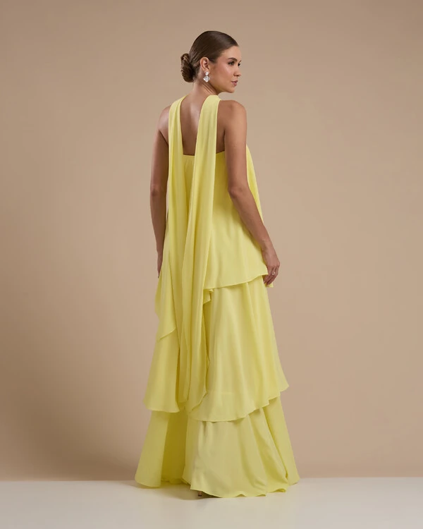 Vestido de Festa Longo Chiffon Crepe em Camadas com Lenço Amarelo Manteiga