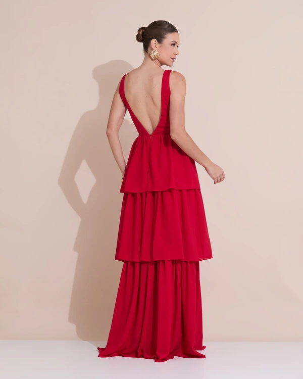 Vestido de Festa Longo Decote V Crepe Chiffon Plissado Camadas Babado Vermelho