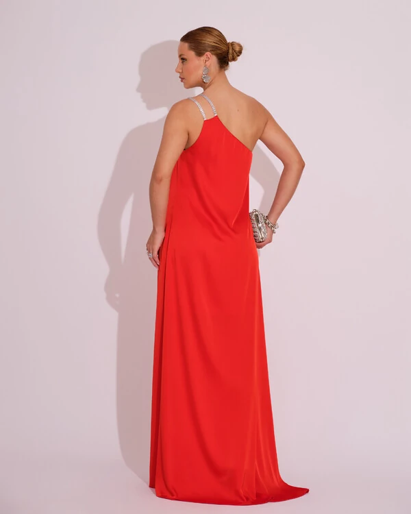 Vestido de Festa Longo Cetim Um Ombro Só Vermelho