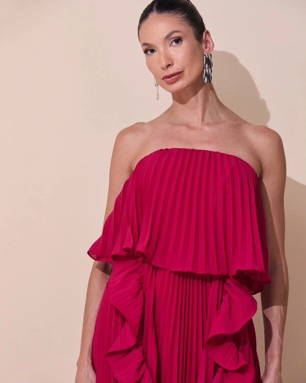 Vestido de Festa Longo Crepe Chiffon Tomara que Caia Plissado com Babado Cascata Cereja