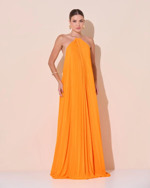 Vestido de Festa Longo Frente Única Plissado Crepe Chiffon Laranja Manga New