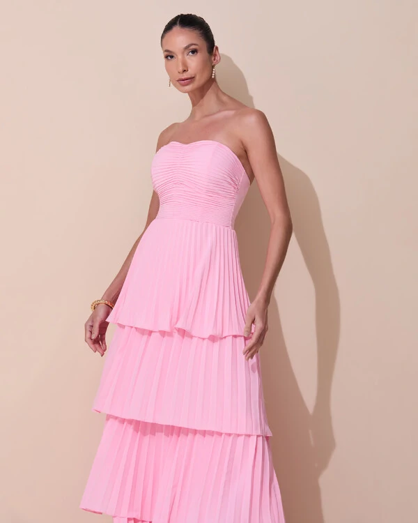 Vestido de Festa Longo Tomara que Caia Crepe Chiffon Plissado Camadas Rosa Claro