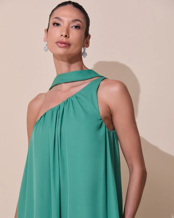 Vestido de Festa Longo Crepe Fluido um Ombro Só com Lenço Verde Matcha Escuro