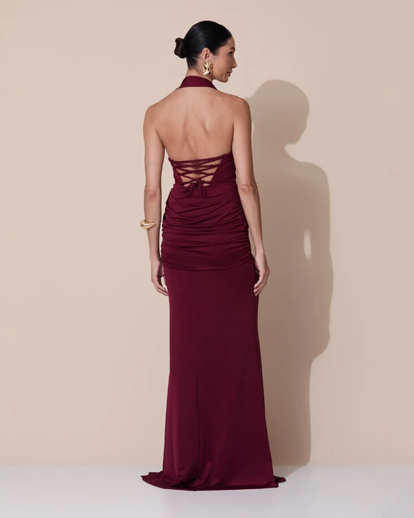 Vestido de Festa Longo Decote Coração Malha Jersey Drapeado Costas Trançada Marsala Escuro