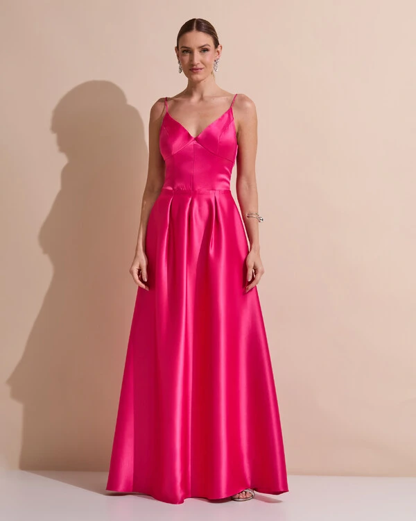 Vestido de Festa Longo Alça Fina Decote V Cetim Saia Evasê Pink