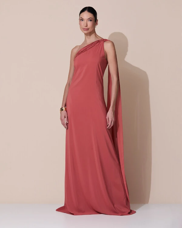 Vestido de Festa Longo Crepe Chiffon Um Ombro Só Drapeado Terracota