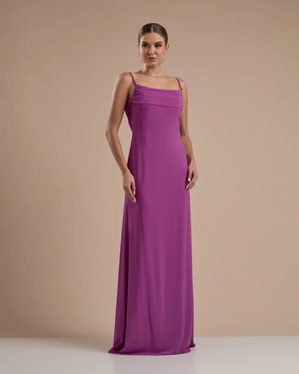 Vestido de Festa Longo Crepe Chiffon Costas Lenço Cauda Fúcsia