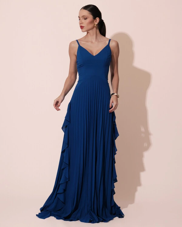 Vestido de Festa Longo Crepe Chiffon Alça Fina Saia Plissada com Babado Cascata Azul Royal
