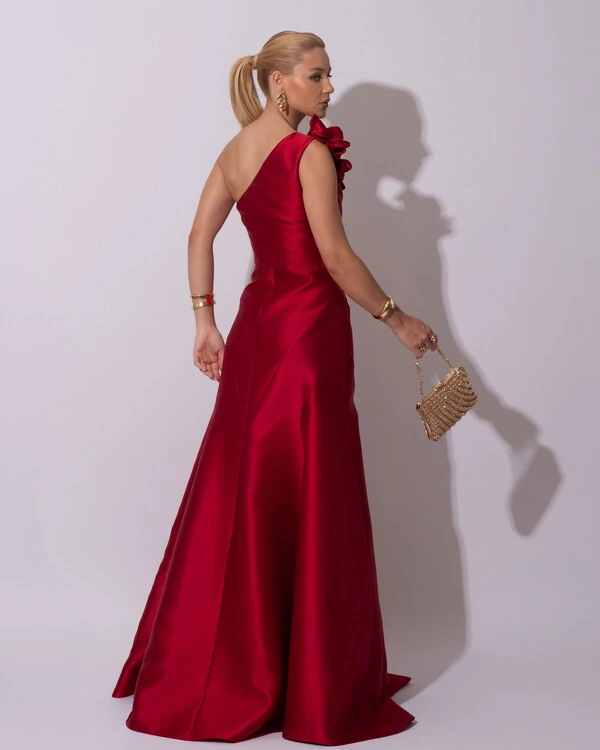 Vestido de Festa Longo Zibeline um Ombro Só Flor Removível Saia Sereia Marsala