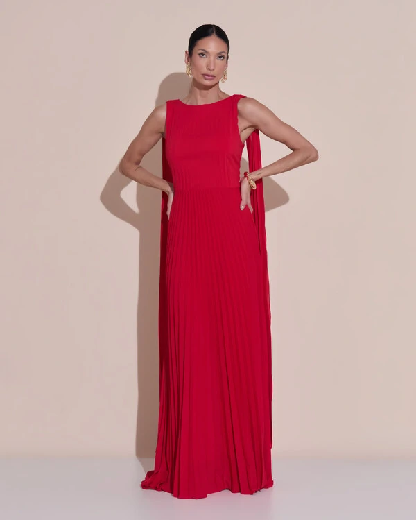 Vestido de Festa Longo Crepe Chiffon Plissado com Lenço nas Alças Vermelho