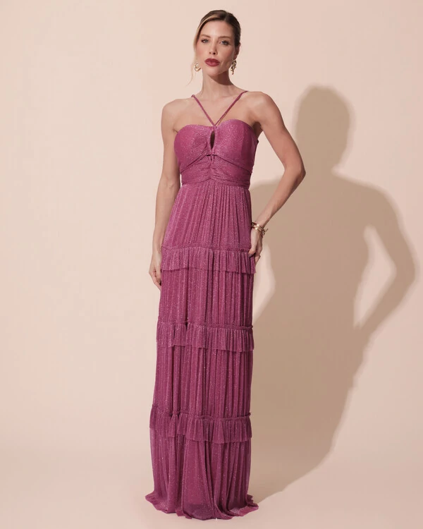 Vestido de Festa Longo Tule com Saia Babado Fúcsia