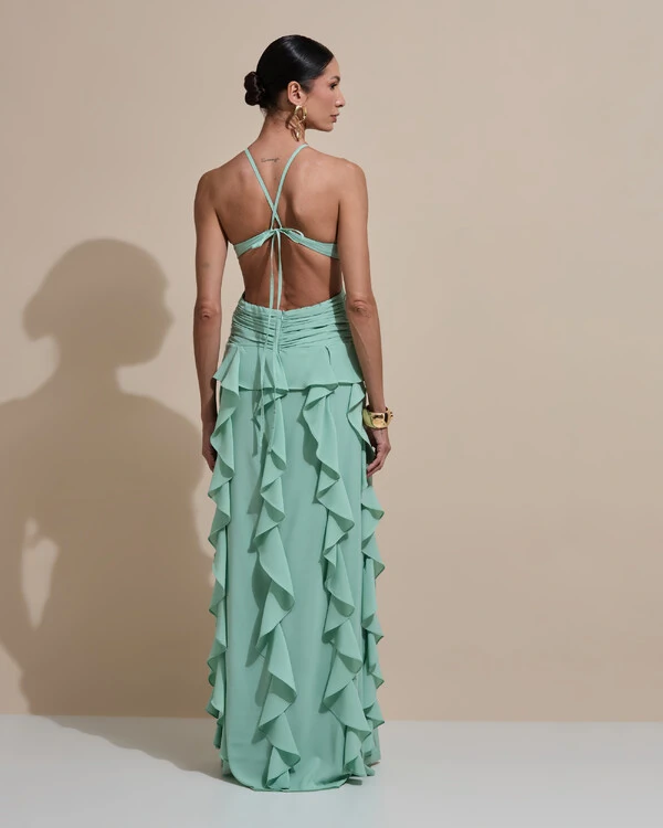 Vestido de Festa Longo Decote V Recortes Drapeado Crepe Chiffon Babados Cascata Verde Menta
