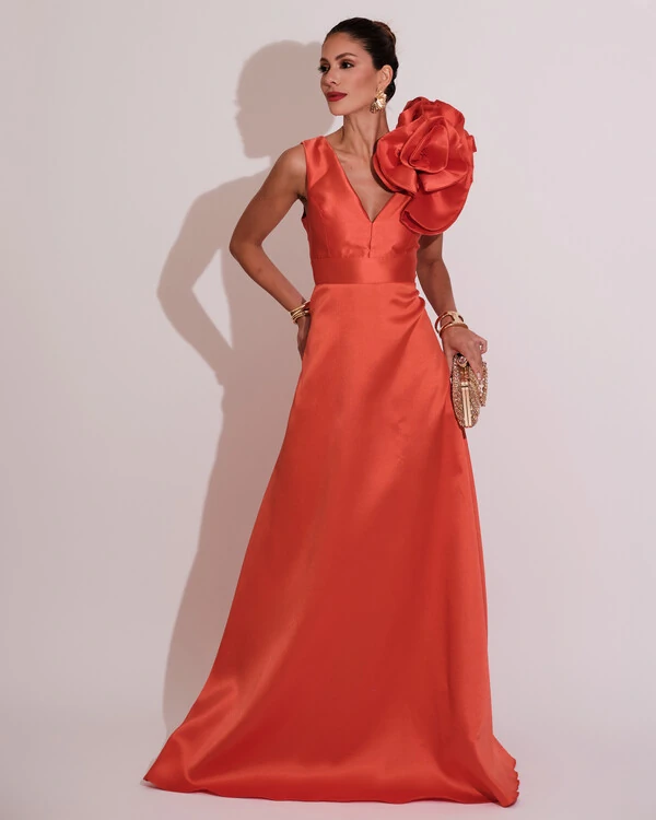 Vestido de Festa longo Zibeline Flor Laranja