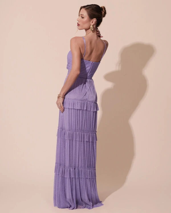 Vestido de Festa Longo Tule com Saia Babado Lilás