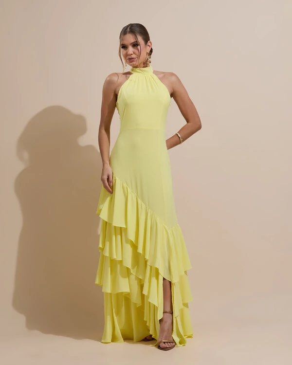 Vestido de Festa Longo Chiffon Crepe Gola Alta Babados Amarelo Manteiga