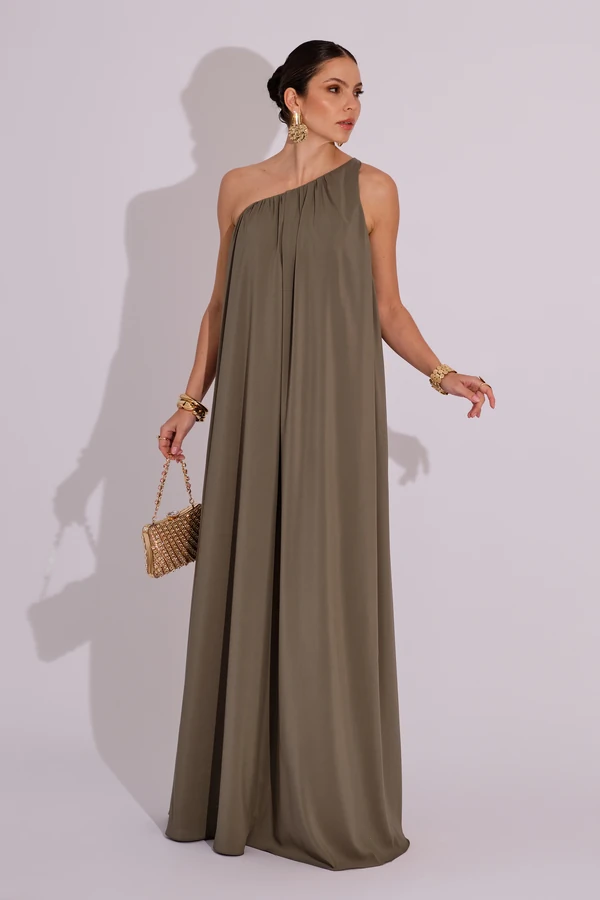 Vestido de Festa Longo Crepe Fluido um Ombro Só com Lenço Verde Oliva