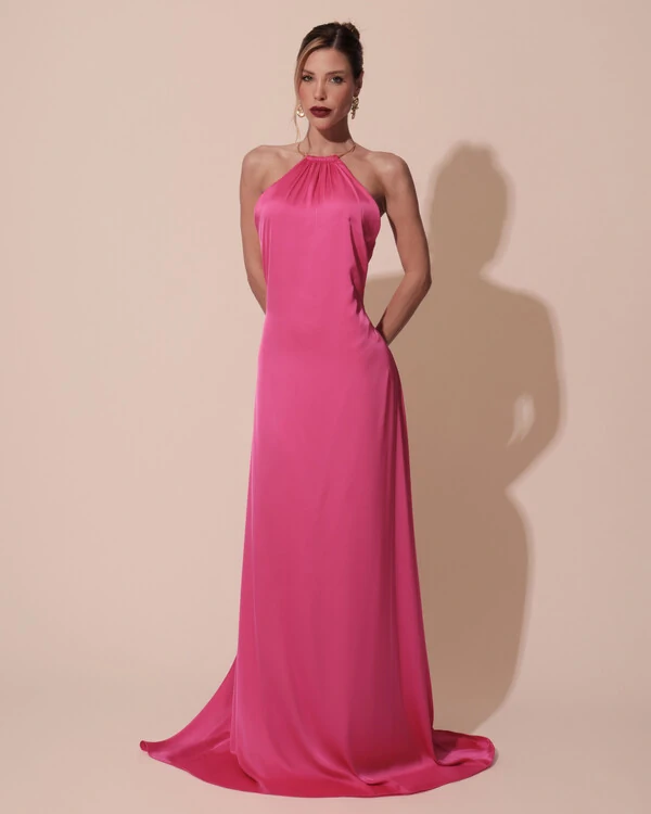 Vestido de Festa Longo Cetim Fluido com Argola Frente Única Pink New