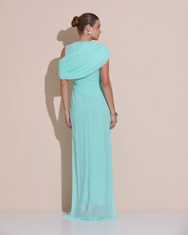 Vestido de Festa Longo Capa Drapeado Tule Saia Fluida Tiffany