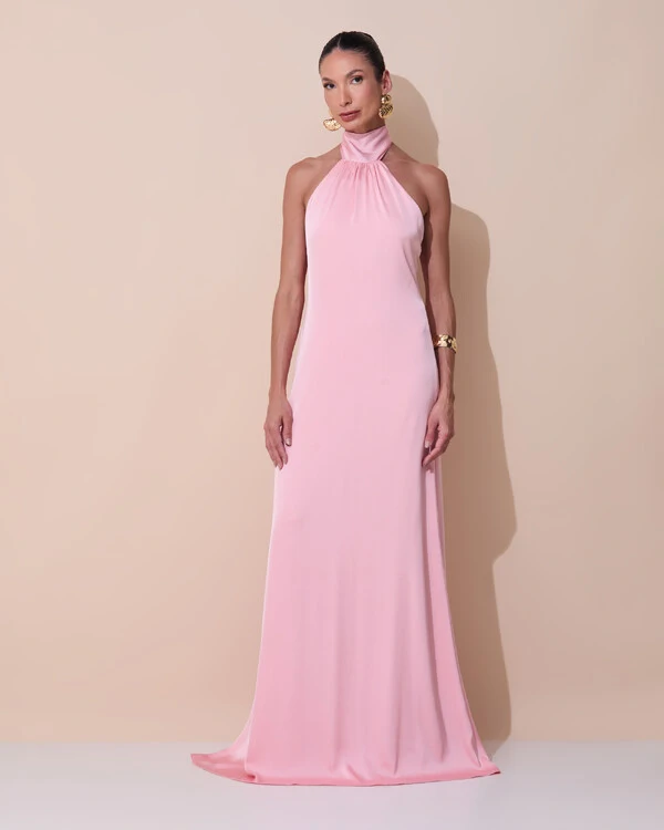 Vestido de Festa Gola Alta com Decote nas Costas Acetinado Rose Gold