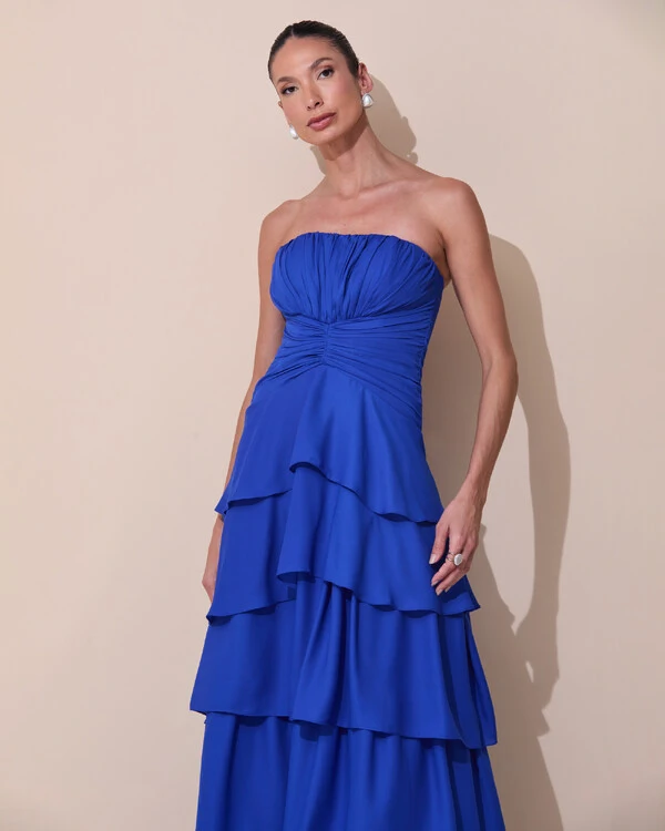 Vestido de Festa Longo Tomara que Caia Drapeado Crepe Chiffon Babados Camadas Azul Royal