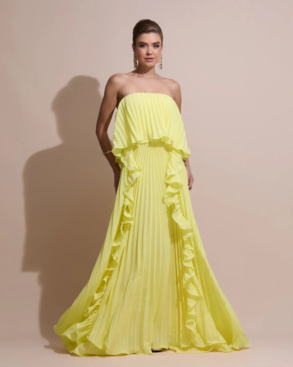 Vestido de Festa Longo Crepe Chiffon Tomara que Caia Plissado com Babado Cascata Amarelo Manteiga
