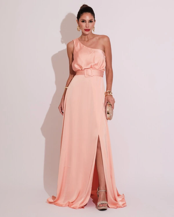Vestido Longo um Ombro com Busto Blousê e Fenda Rose Gold