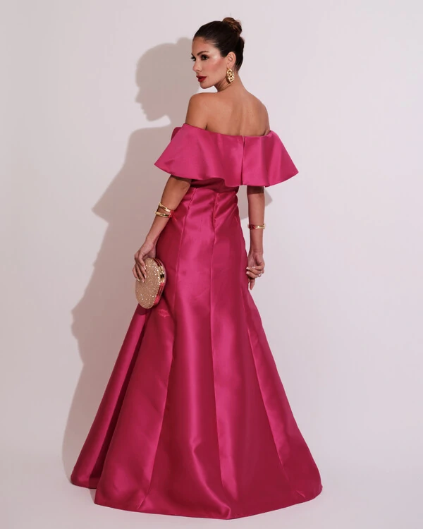 Vestido de Festa Longo Ombro a Ombro Zibeline com Babado Pink