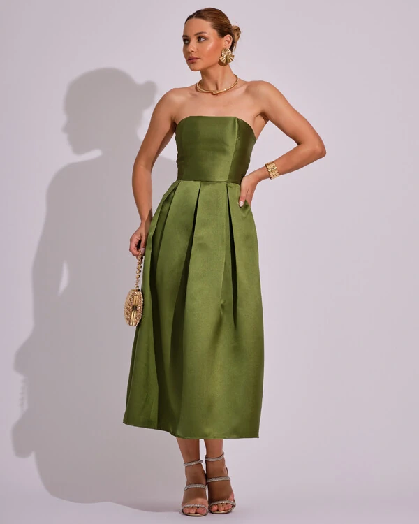 Vestido Midi Tomara que Caia Zibeline Com Pregas Verde Oliva