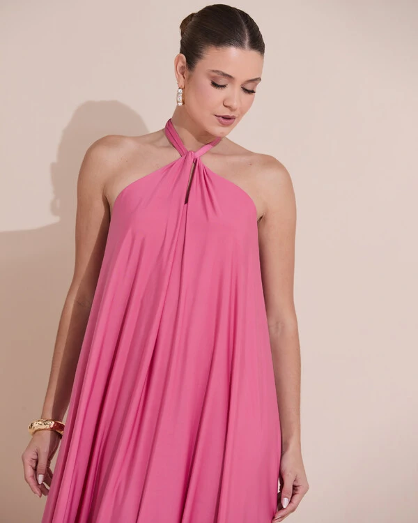 Vestido Longo com Amarração em Malha Rosa