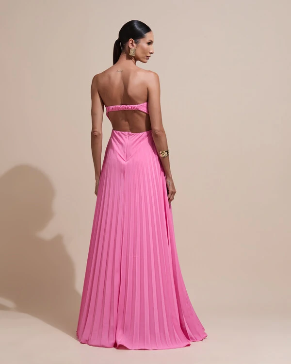 Vestido de Festa Longo Tomara que Caia Plissado Detalhe Rosa