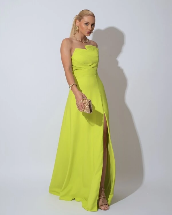 Vestido de Festa Longo Alfaiataria Tomara que Caia com Fenda Detalhe Verde Lima