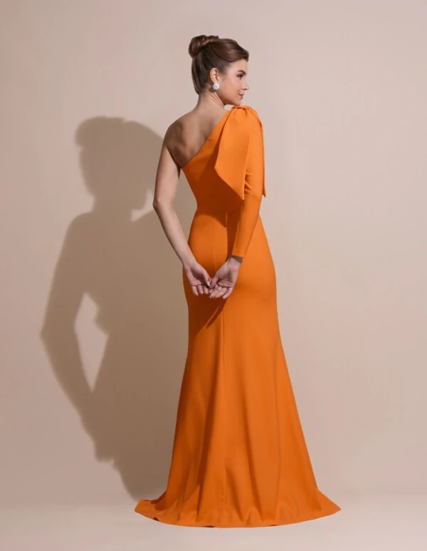 Vestido de Festa com Laço de Um Ombro em Alfaiataria Fenda Laranja