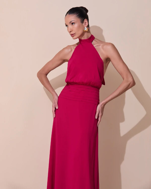 Vestido de Festa Longo Frente Única Busto Blousê Crepe Chiffon Drapeado Cereja