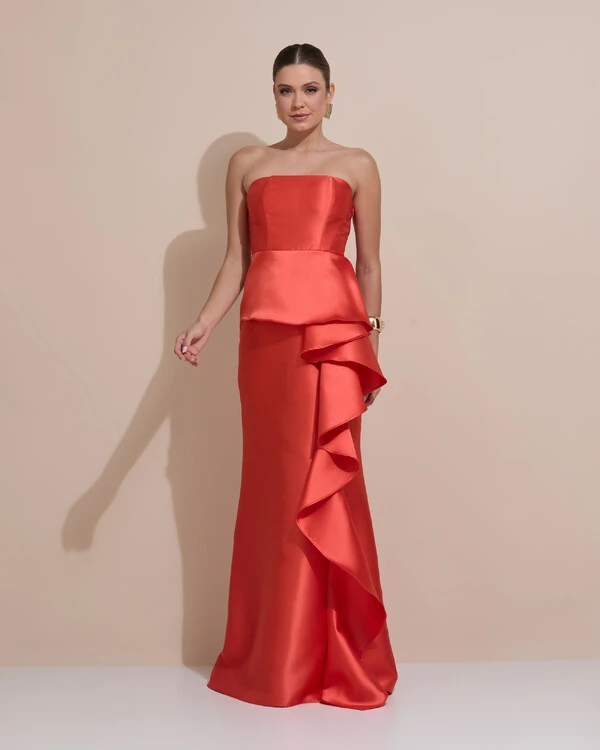 Vestido de Festa Longo Tomara que Caia Babado Cascata Laranja
