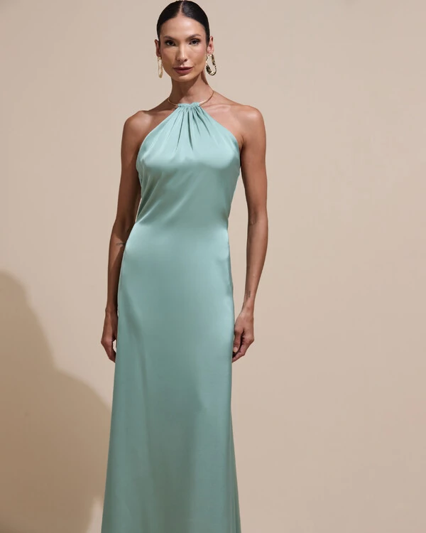 Vestido de Festa Longo Cetim Fluido com Argola Frente Única Verde Menta