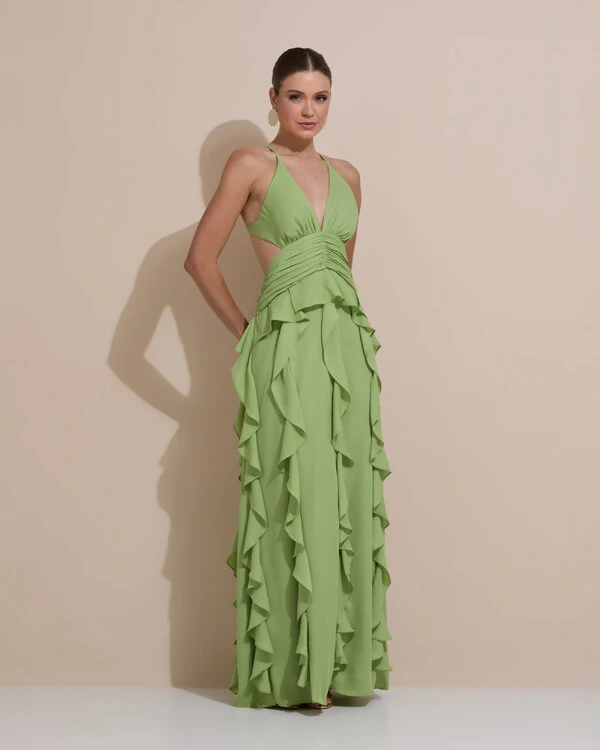 Vestido de Festa Longo Decote V Recortes Drapeado Crepe Chiffon Babados Cascata Verde Garden