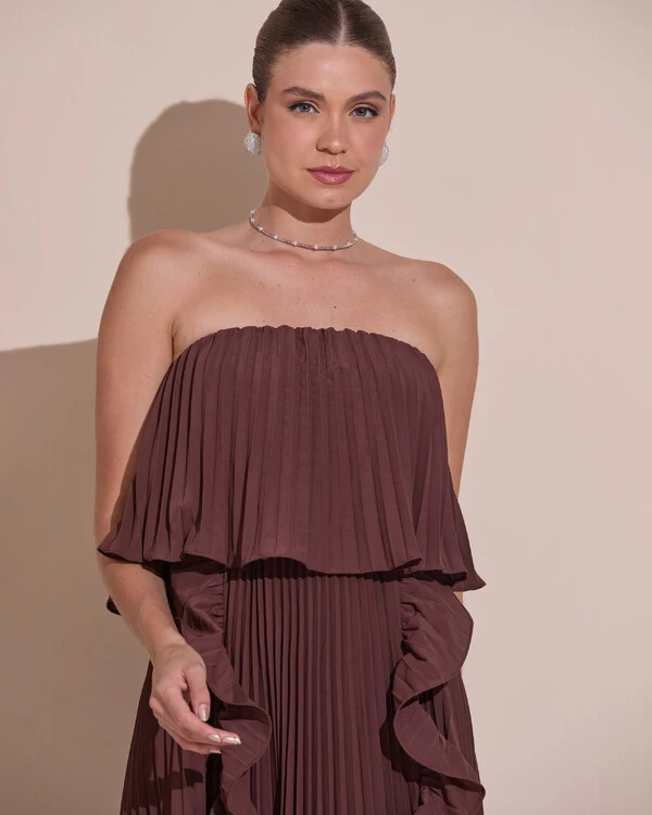 Vestido de Festa Longo Crepe Chiffon Tomara que Caia Plissado com Babado Cascata Marrom