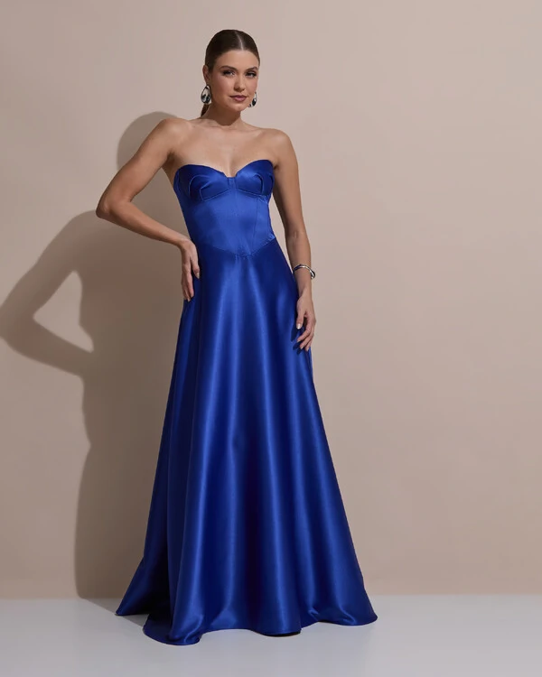 Vestido de Festa Longo Tomara que Caia Cetim Decote Coração Drapeado Azul Royal