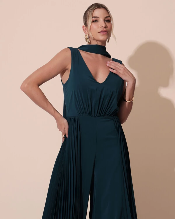 Macacão de Festa Longo Crepe Pantalona Plissado e Lenço Verde Escuro