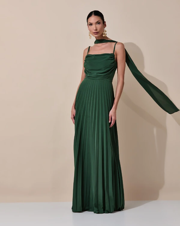 Vestido de Festa Longo Crepe Chiffon Plissado Trançado e Lenço Verde Escuro New