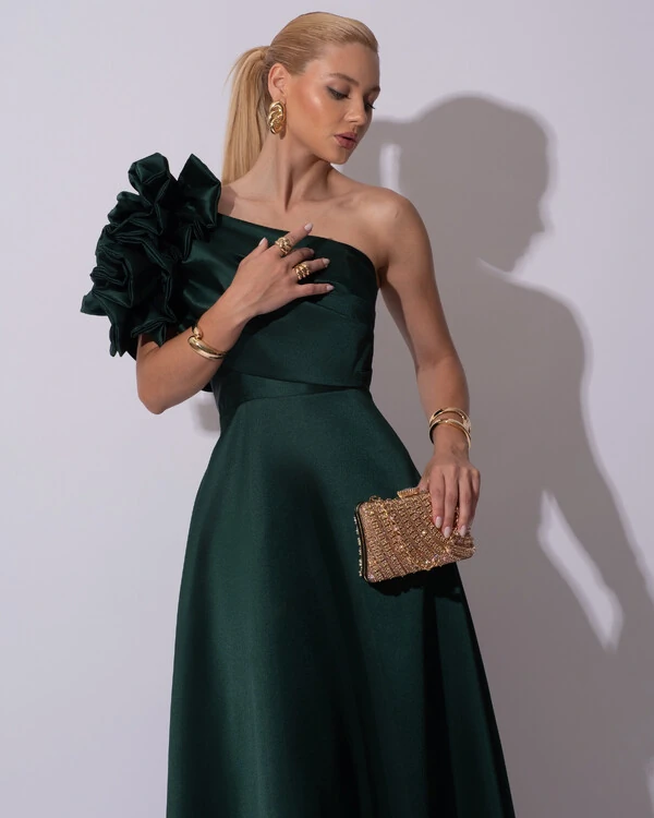 Vestido de Festa Longo Zibeline um Ombro Só Flor Drapeado Verde Escuro