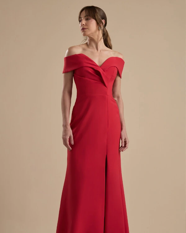 Vestido de Festa Longo Alfaiataria Ombro a Ombro com Fenda Vermelho