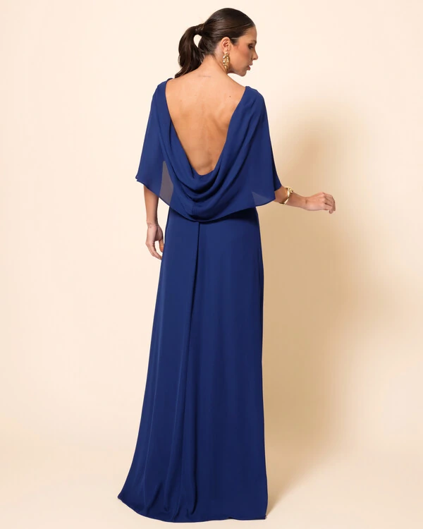 Vestido de Festa Longo Crepe Chiffon com Capa e Degagê nas Costas Azul Marinho