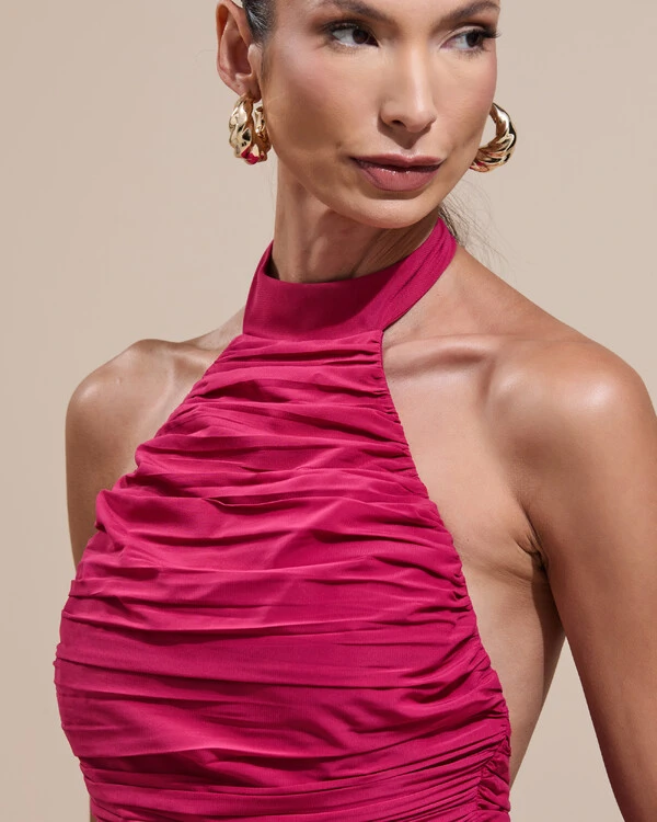 Vestido de Festa Longo Frente Única Crepe Chiffon Drapeado Babados Cascata Cereja
