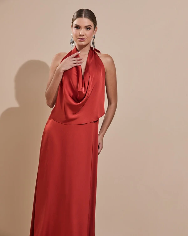 Vestido de Festa Longo Cetim Fluido Frente Única Degagê Mil Formas Terracota